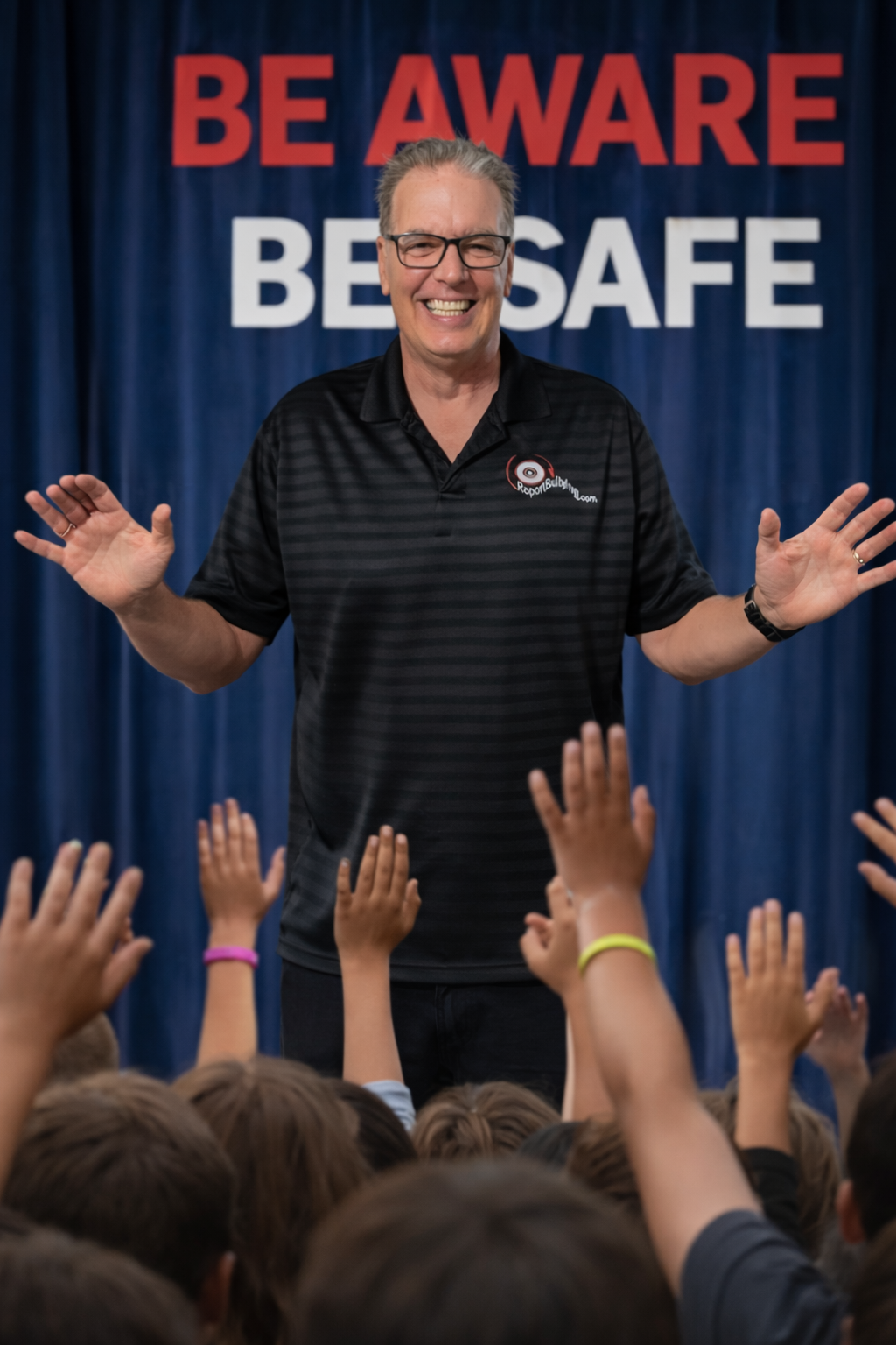 Jim Jordan presenting the Be Aware Be Safe school safety message to students in an interactive assembly